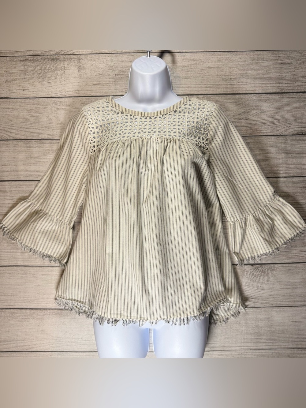 Cream Striped Crochet Yoke Peasant Top